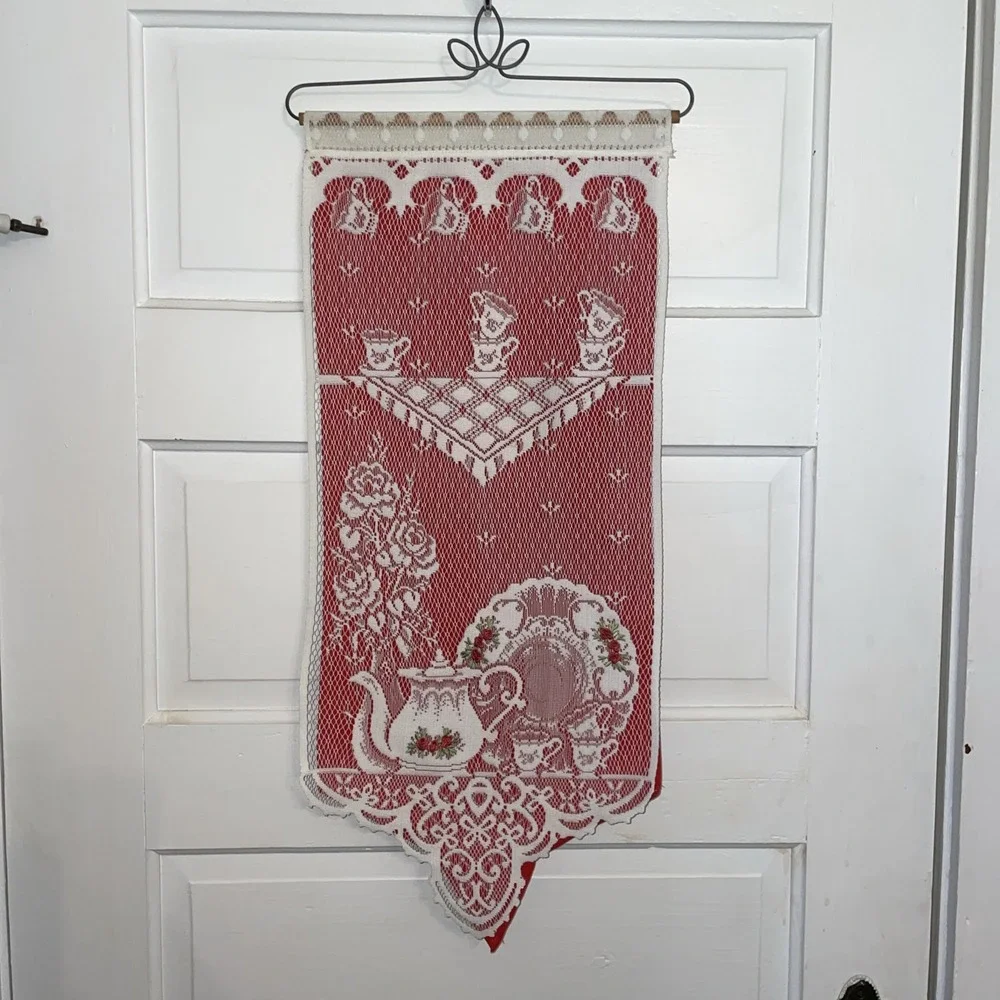 Vintage Lace Tea Time‎ W roses Wall Hanging Metal Hanger, Red Backer